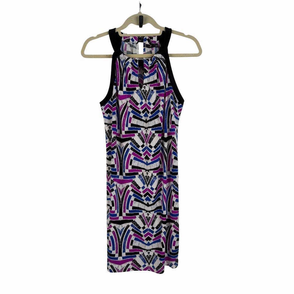 APT 9 Keyhole Jersey Dress L Black Purple Mod Print Sleeveless Resort Summer